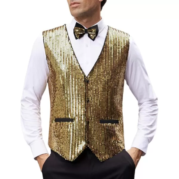 imageGRACE KARIN Mens Sequin Vest Slim Fit Shiny Dress Waistcoat Bowtie Set for Wedding Prom PartyGold