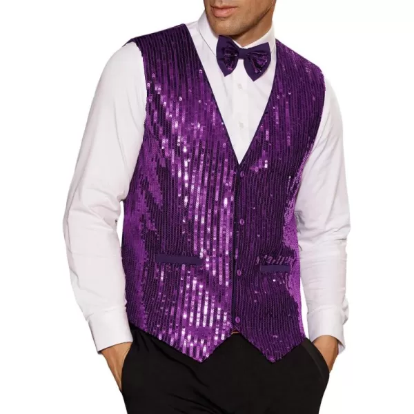 imageGRACE KARIN Mens Sequin Vest Slim Fit Shiny Dress Waistcoat Bowtie Set for Wedding Prom PartyPurple