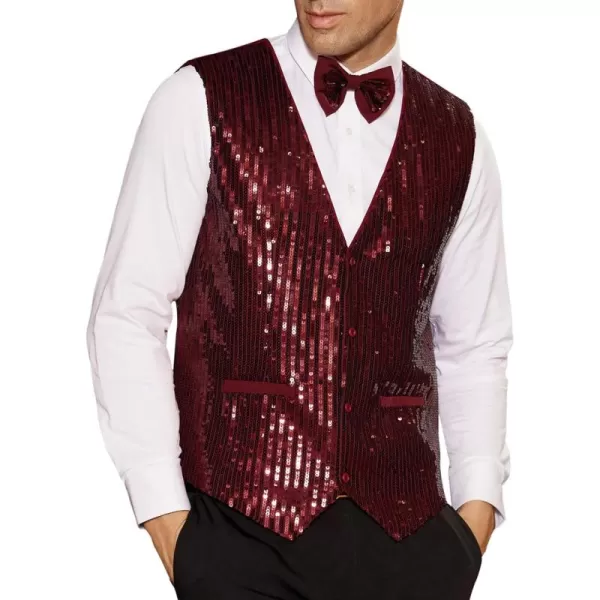 imageGRACE KARIN Mens Sequin Vest Slim Fit Shiny Dress Waistcoat Bowtie Set for Wedding Prom PartyRed