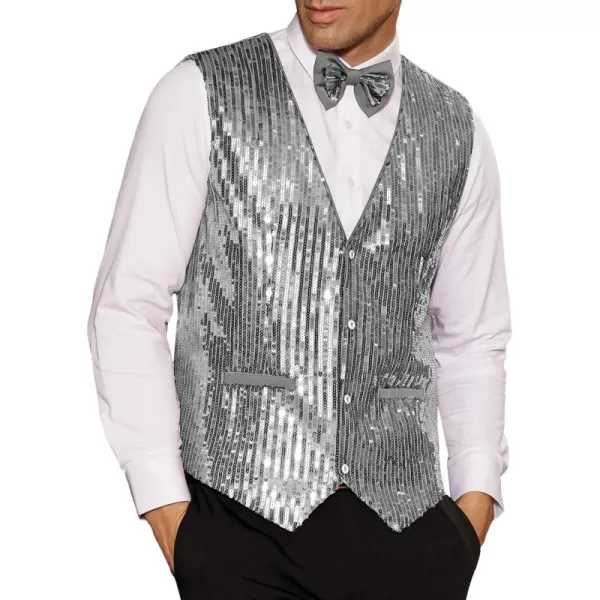 imageGRACE KARIN Mens Sequin Vest Slim Fit Shiny Dress Waistcoat Bowtie Set for Wedding Prom PartySilver