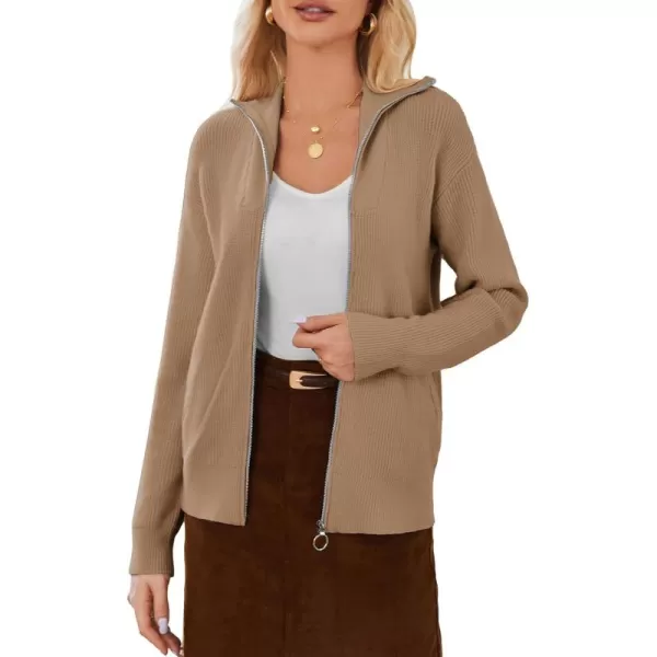 imageGRACE KARIN Womens 2024 Zip Up Cardigan Sweater Lapel Ribbed Knit Long Sleeve Sweater Jacket with Pockets Warm OutwearBrown