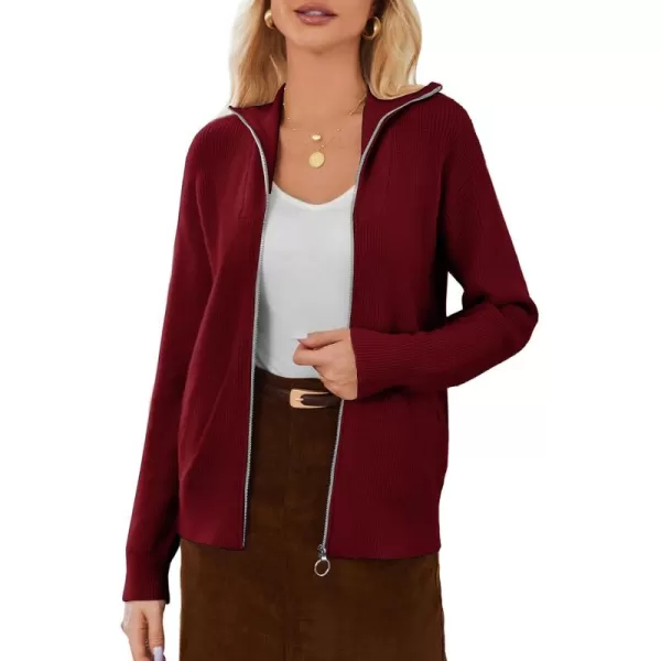 imageGRACE KARIN Womens 2024 Zip Up Cardigan Sweater Lapel Ribbed Knit Long Sleeve Sweater Jacket with Pockets Warm OutwearRed