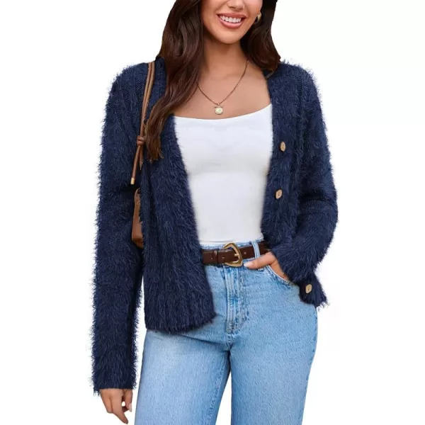 imageGRACE KARIN Womens Fuzzy Cardigan Long Sleeve Open Front VNeck Button Down Loose Knit Sweater Outwear CoatNavy