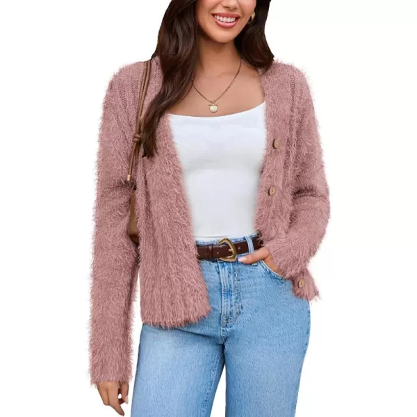 imageGRACE KARIN Womens Fuzzy Cardigan Long Sleeve Open Front VNeck Button Down Loose Knit Sweater Outwear CoatPink
