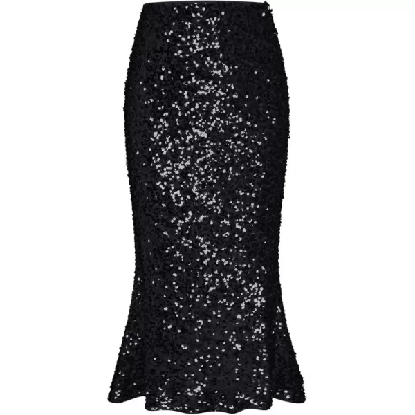 imageGRACE KARIN Womens Sequin Skirt Elastic High Waist Ruffled Hem Night Out Party Bodycon Midi SkirtBlack