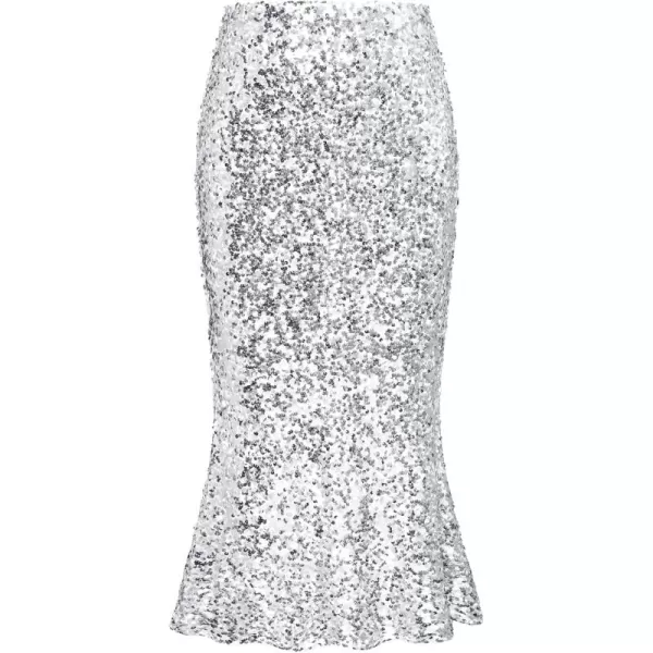 imageGRACE KARIN Womens Sequin Skirt Elastic High Waist Ruffled Hem Night Out Party Bodycon Midi SkirtSilver