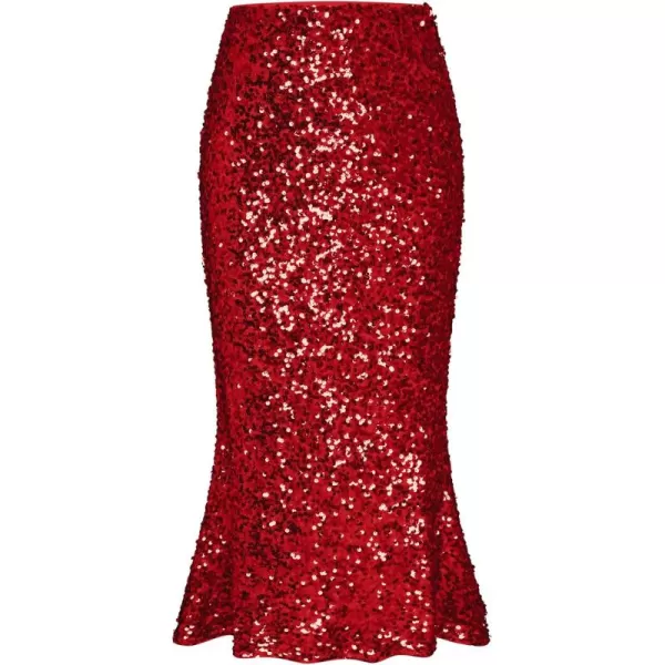 imageGRACE KARIN Womens Sequin Skirt Elastic High Waist Ruffled Hem Night Out Party Bodycon Midi SkirtWine Red