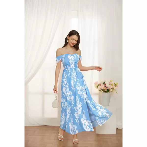 imageGRACE KARIN 2024 Womens Summer Floral Print Flowy A Line Maxi Dresses Sleeveless Smocked Off Shoulder DressBlue White