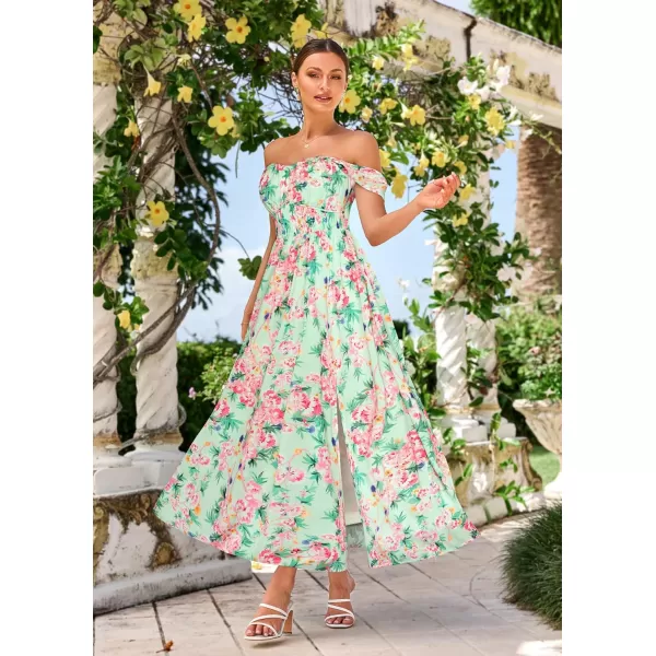 imageGRACE KARIN 2024 Womens Summer Floral Print Flowy A Line Maxi Dresses Sleeveless Smocked Off Shoulder DressGreen Pink