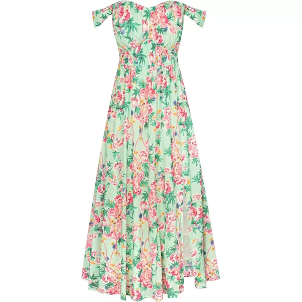 imageGRACE KARIN 2024 Womens Summer Floral Print Flowy A Line Maxi Dresses Sleeveless Smocked Off Shoulder DressGreen Pink