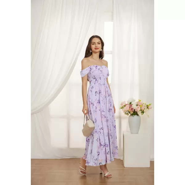 imageGRACE KARIN 2024 Womens Summer Floral Print Flowy A Line Maxi Dresses Sleeveless Smocked Off Shoulder DressPurple Floral