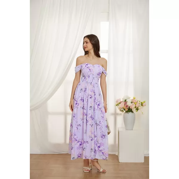 imageGRACE KARIN 2024 Womens Summer Floral Print Flowy A Line Maxi Dresses Sleeveless Smocked Off Shoulder DressPurple Floral