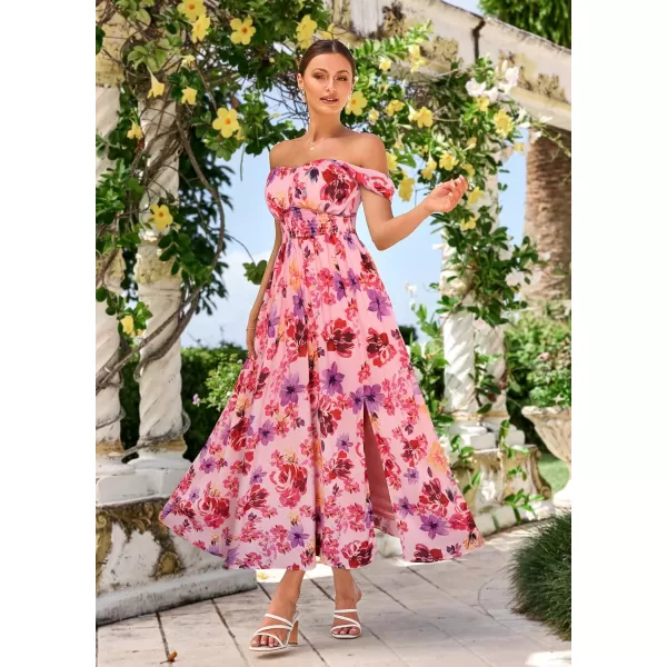 imageGRACE KARIN 2024 Womens Summer Floral Print Flowy A Line Maxi Dresses Sleeveless Smocked Off Shoulder DressPurple Red