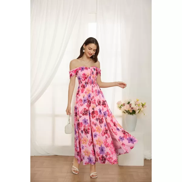 imageGRACE KARIN 2024 Womens Summer Floral Print Flowy A Line Maxi Dresses Sleeveless Smocked Off Shoulder DressPurple Red