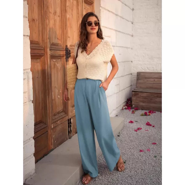 imageGRACE KARIN Wide Leg Pants for Women Cotton Linen Business Casual Long Trousers Palazzo Pants with PocketsBlue Grey