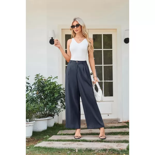 imageGRACE KARIN Wide Leg Pants for Women Cotton Linen Business Casual Long Trousers Palazzo Pants with PocketsNavy Blue