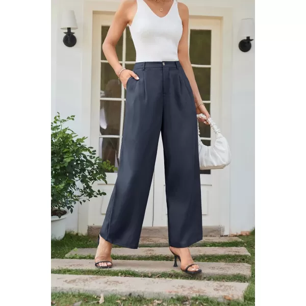 imageGRACE KARIN Wide Leg Pants for Women Cotton Linen Business Casual Long Trousers Palazzo Pants with PocketsNavy Blue