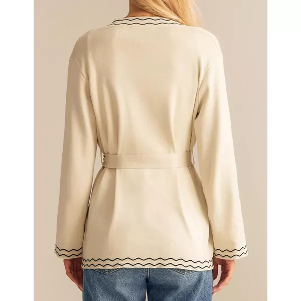 imageGRACE KARIN Women 2024 Fall Cardigan Long Sleeve Contrast Sweater Coat VNeck Open Front Dressy Outwear with BeltBeige