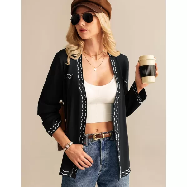 imageGRACE KARIN Women 2024 Fall Cardigan Long Sleeve Contrast Sweater Coat VNeck Open Front Dressy Outwear with BeltBlack