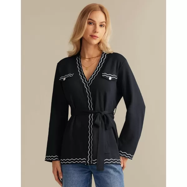 imageGRACE KARIN Women 2024 Fall Cardigan Long Sleeve Contrast Sweater Coat VNeck Open Front Dressy Outwear with BeltBlack