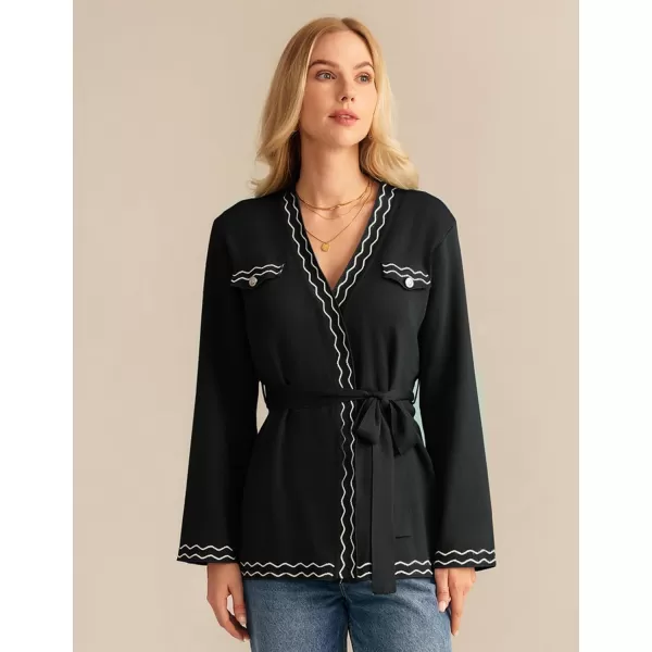 imageGRACE KARIN Women 2024 Fall Cardigan Long Sleeve Contrast Sweater Coat VNeck Open Front Dressy Outwear with BeltBlack
