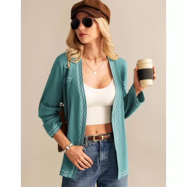 imageGRACE KARIN Women 2024 Fall Cardigan Long Sleeve Contrast Sweater Coat VNeck Open Front Dressy Outwear with BeltGreen Blue