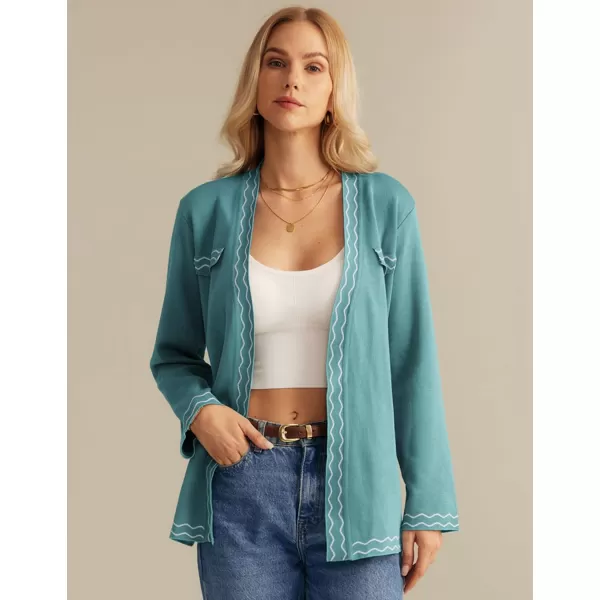 imageGRACE KARIN Women 2024 Fall Cardigan Long Sleeve Contrast Sweater Coat VNeck Open Front Dressy Outwear with BeltGreen Blue