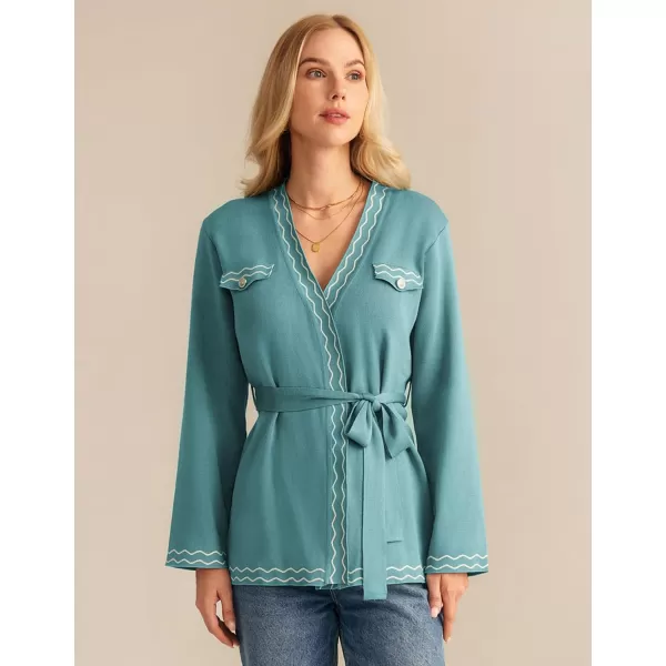 imageGRACE KARIN Women 2024 Fall Cardigan Long Sleeve Contrast Sweater Coat VNeck Open Front Dressy Outwear with BeltGreen Blue