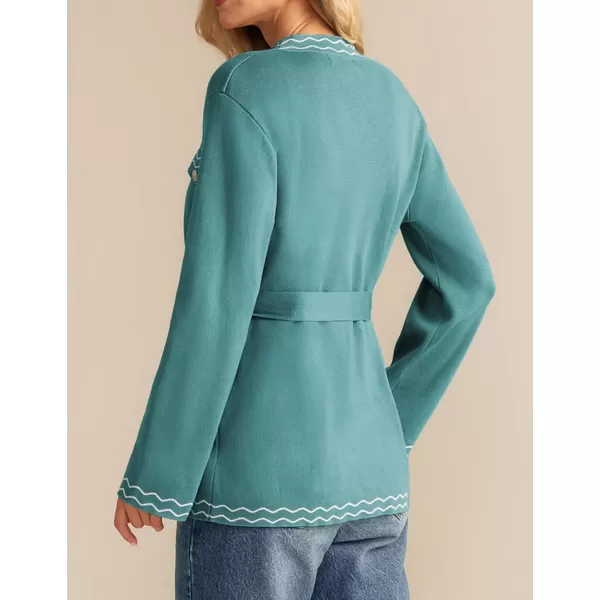 imageGRACE KARIN Women 2024 Fall Cardigan Long Sleeve Contrast Sweater Coat VNeck Open Front Dressy Outwear with BeltGreen Blue