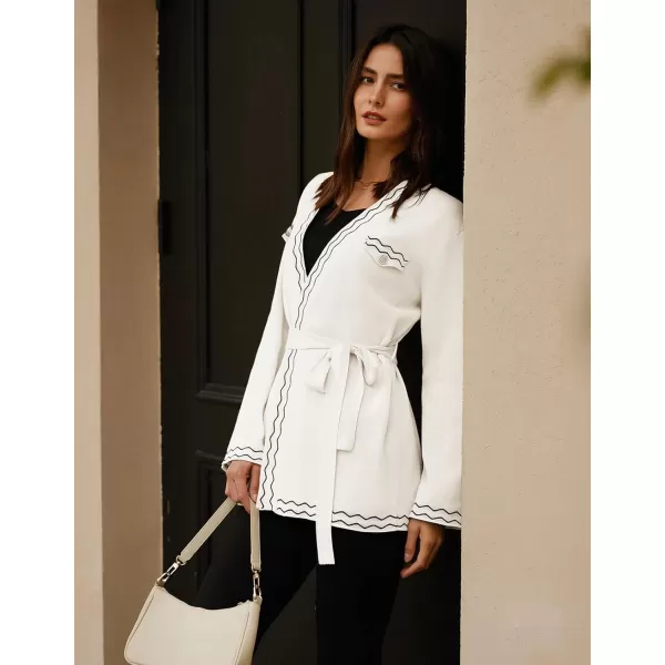 imageGRACE KARIN Women 2024 Fall Cardigan Long Sleeve Contrast Sweater Coat VNeck Open Front Dressy Outwear with BeltWhite