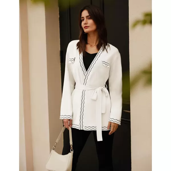 imageGRACE KARIN Women 2024 Fall Cardigan Long Sleeve Contrast Sweater Coat VNeck Open Front Dressy Outwear with BeltWhite