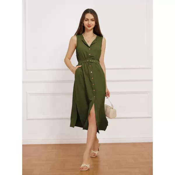 imageGRACE KARIN Women Casual Summer Dress 2024 Business Work Belted Sleeveless Button Down Shirt Dresses with PocketsArmy Green