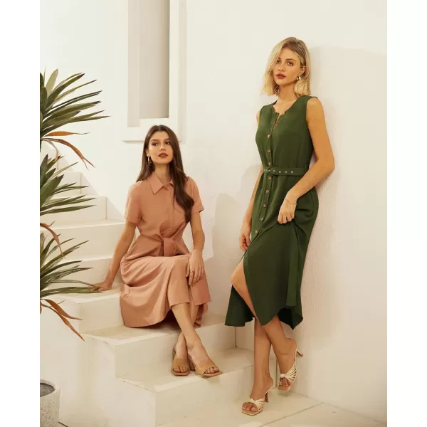 imageGRACE KARIN Women Casual Summer Dress 2024 Business Work Belted Sleeveless Button Down Shirt Dresses with PocketsArmy Green