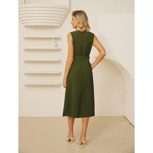 imageGRACE KARIN Women Casual Summer Dress 2024 Business Work Belted Sleeveless Button Down Shirt Dresses with PocketsArmy Green