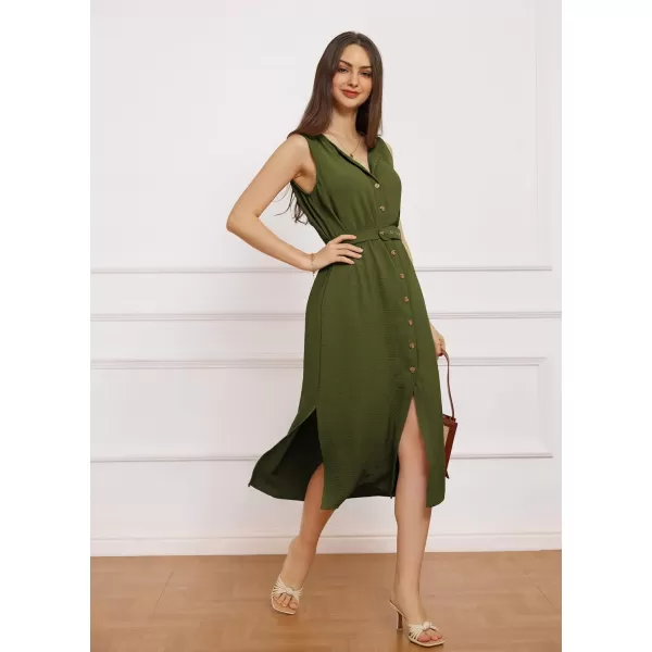 imageGRACE KARIN Women Casual Summer Dress 2024 Business Work Belted Sleeveless Button Down Shirt Dresses with PocketsArmy Green