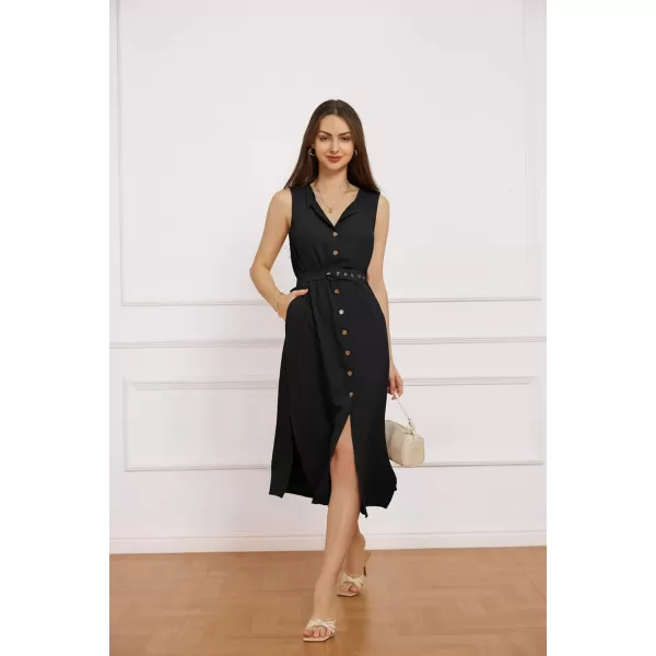 imageGRACE KARIN Women Casual Summer Dress 2024 Business Work Belted Sleeveless Button Down Shirt Dresses with PocketsBlack