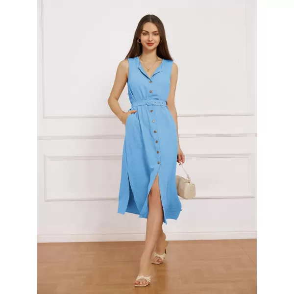 imageGRACE KARIN Women Casual Summer Dress 2024 Business Work Belted Sleeveless Button Down Shirt Dresses with PocketsLight Blue