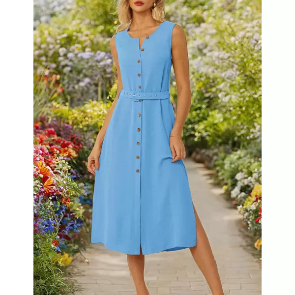 imageGRACE KARIN Women Casual Summer Dress 2024 Business Work Belted Sleeveless Button Down Shirt Dresses with PocketsLight Blue