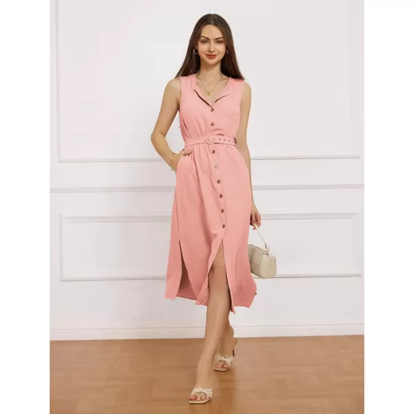 imageGRACE KARIN Women Casual Summer Dress 2024 Business Work Belted Sleeveless Button Down Shirt Dresses with PocketsLight Pink