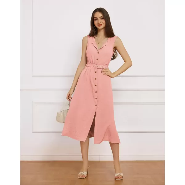 imageGRACE KARIN Women Casual Summer Dress 2024 Business Work Belted Sleeveless Button Down Shirt Dresses with PocketsLight Pink