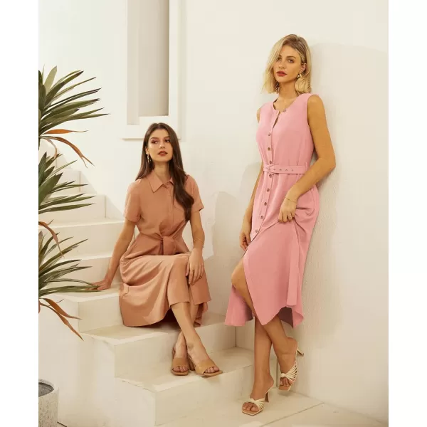 imageGRACE KARIN Women Casual Summer Dress 2024 Business Work Belted Sleeveless Button Down Shirt Dresses with PocketsLight Pink