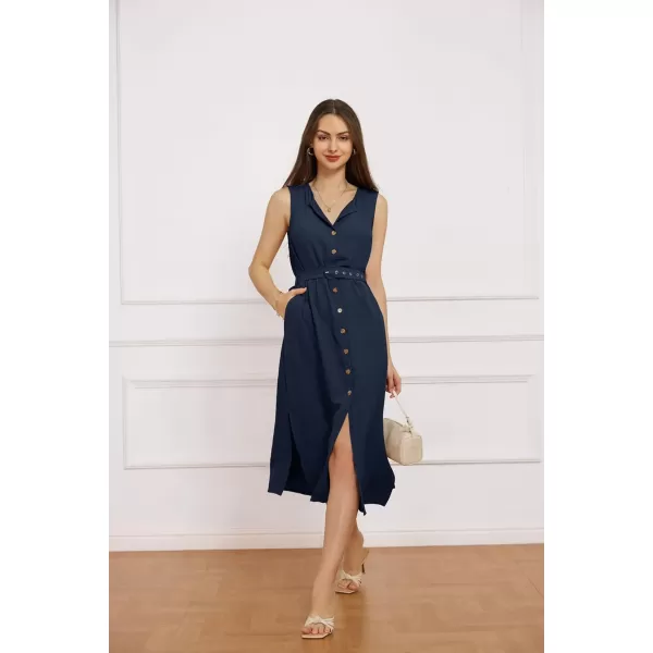 imageGRACE KARIN Women Casual Summer Dress 2024 Business Work Belted Sleeveless Button Down Shirt Dresses with PocketsNavy Blue