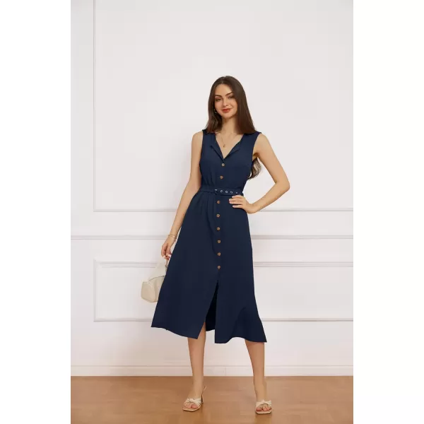 imageGRACE KARIN Women Casual Summer Dress 2024 Business Work Belted Sleeveless Button Down Shirt Dresses with PocketsNavy Blue