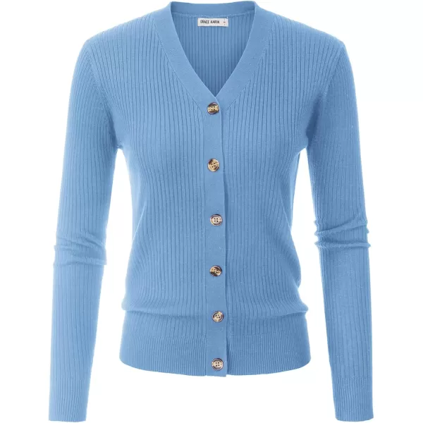 imageGRACE KARIN Womens Button Up V Neck Long Sleeve Soft Basic Knit Cardigan SweaterLight Blue