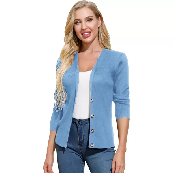 imageGRACE KARIN Womens Button Up V Neck Long Sleeve Soft Basic Knit Cardigan SweaterLight Blue