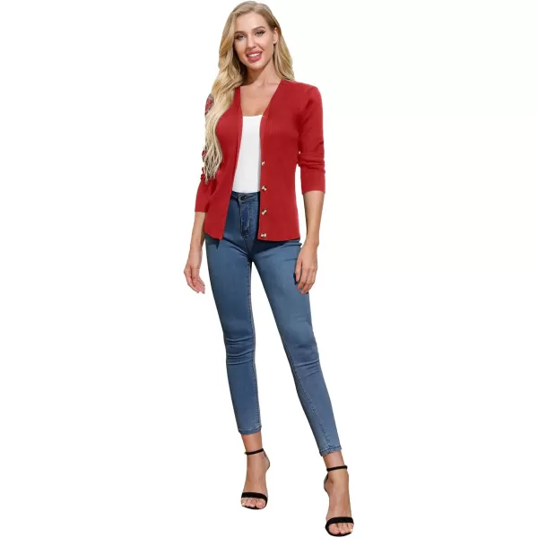 imageGRACE KARIN Womens Button Up V Neck Long Sleeve Soft Basic Knit Cardigan SweaterRed