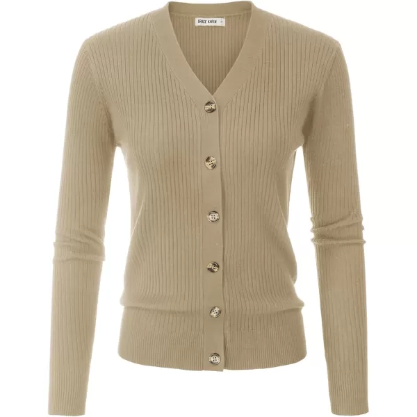 imageGRACE KARIN Womens Button Up V Neck Long Sleeve Soft Basic Knit Cardigan SweaterTan Khaki