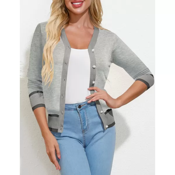 imageGRACE KARIN Womens Contrast Color Block Cardigan Sweaters Lightweight Long Sleeve Cropped Cardigan VNeck Striped ShrugsContrast Grey