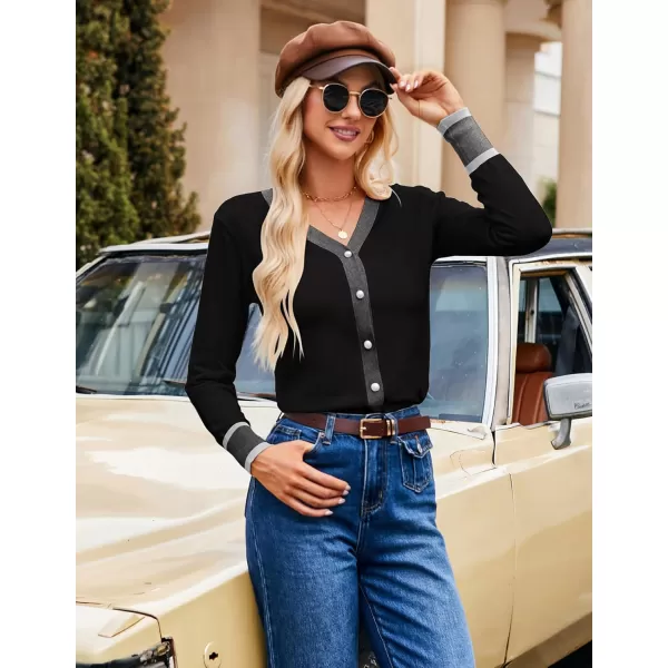 imageGRACE KARIN Womens Contrast Color Block Cardigan Sweaters Lightweight Long Sleeve Cropped Cardigan VNeck Striped ShrugsContrastblack