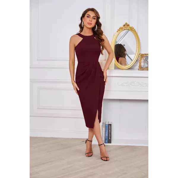 imageGRACE KARIN Womens Halterneck Sleeveless Ruched Bodycon Slit Wrap Party Cocktail Midi DressAwine